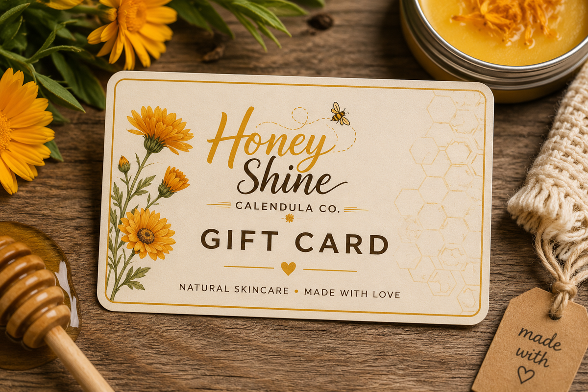 Honeyshine Calendula gift card with calendula flowers and natural skincare products