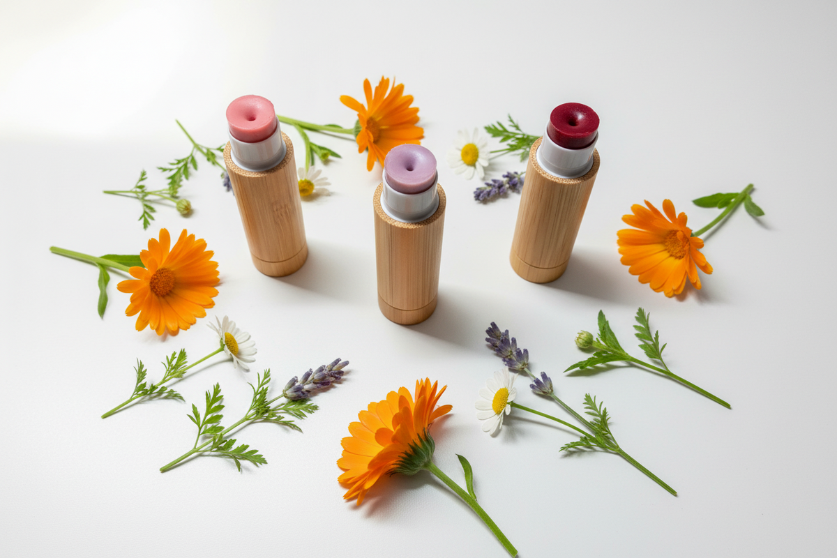 Honeyshine Tinted Lip Shine tubes with colorful natural lip tints and flowers