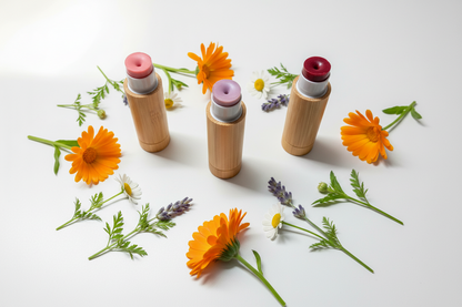 Honeyshine Tinted Lip Shine tubes with colorful natural lip tints and flowers