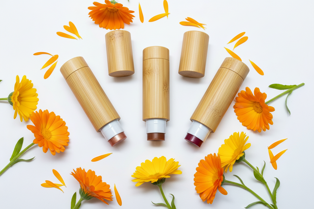 Honeyshine Tinted Lip Shine tubes surrounded by calendula flowers